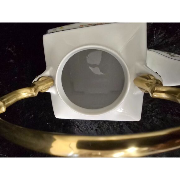 Franklin Mint Birds & Flowers Orient Teapot Square Ceramic Stand Gold Accents - Picture 7 of 10